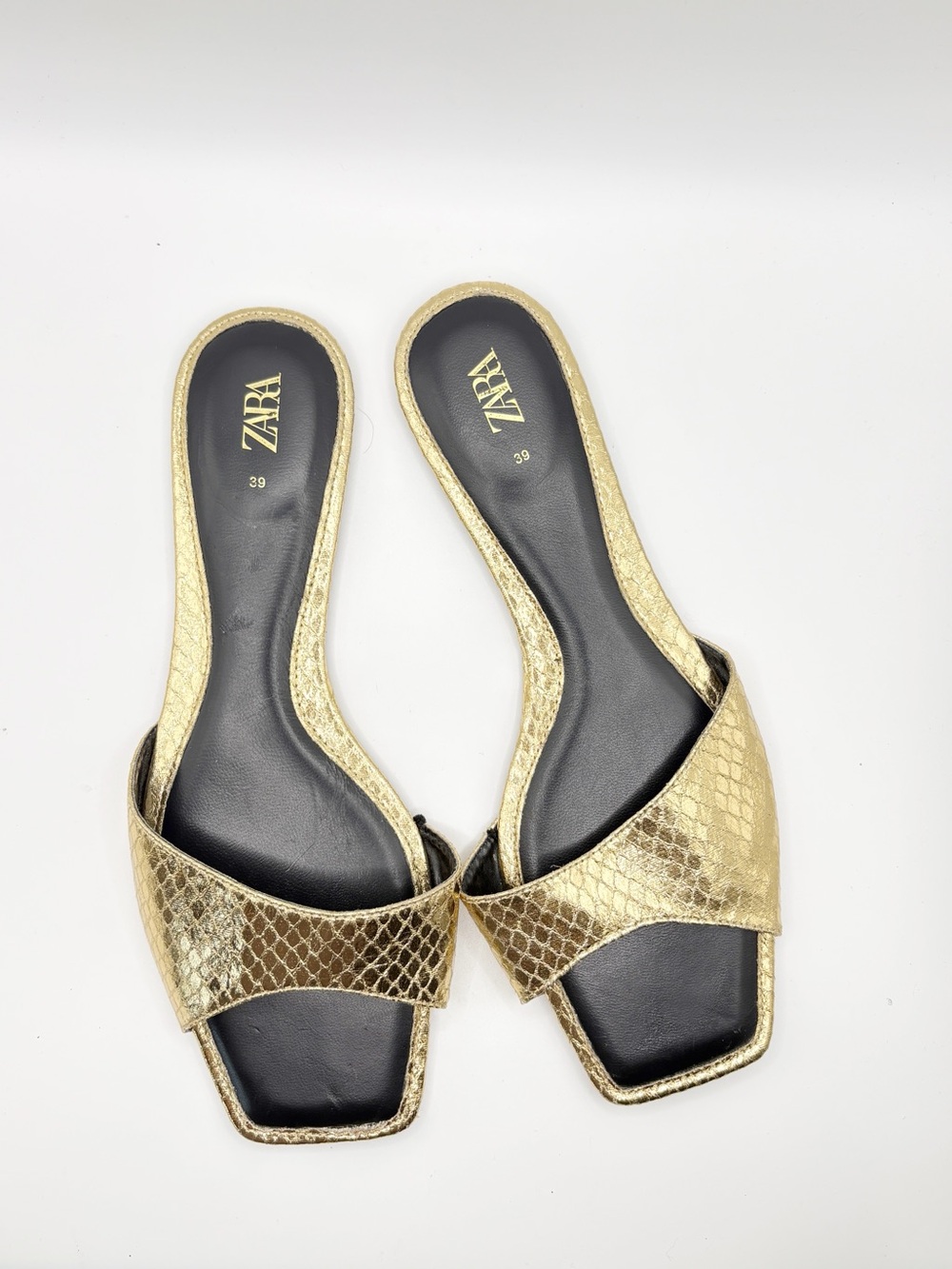 Zara Gold Embossed Flat Sandals Square Toe Extra Cushion